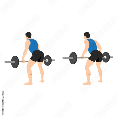 Man doing bent over barbell rows exercise with barbell in a minimalistic style. Flat vector illustration isolated on white background