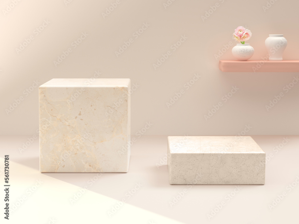 Marble showcase podiums on the soft pink background. 3D rendering.
Marble showcase podiums on the soft pink background. 3D rendering.