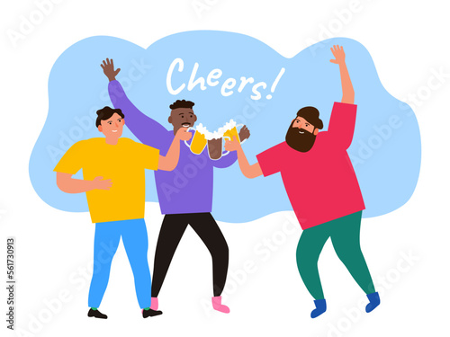 friends men drinking beer toasting clinking cheers having fun vector illustration