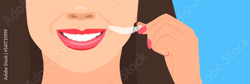smiling woman hand holding ortodontic silicone invisible braces tooth correction vector illustration