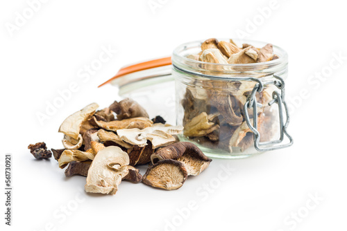 Various sliced dried mushrooms isolated on white background.