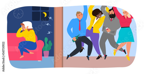 annoyed woman covering her ears with pillow from noisy neighbors party dancing people vector illustration