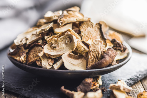 Various sliced dried mushrooms on plate.