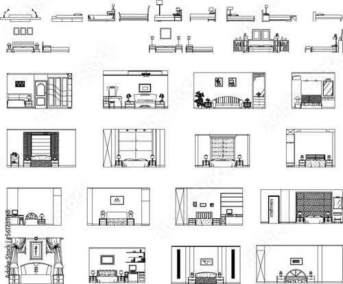a collection of vector sketches of classic luxury bedroom interior illustrations