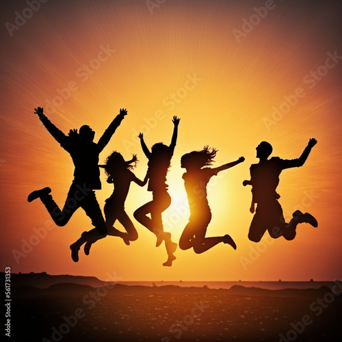 Group of friends jumping at sunset in summer. Generative AI.	
