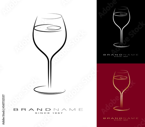 Symbol, emblem with elegant crystal wine glass on high thin leg with alcoholic drink. Brand name element for alcoholic drinks. Simple black and white vector isolated on white background