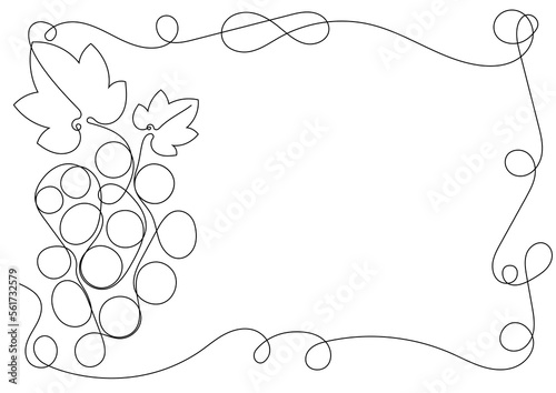 Rectangular A4 frame with bunch of grapes, leaves and tendrils for wine promo. One continuous line art. Advertising card. Simple flat vector