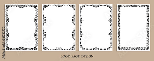 Set of rectangular frames with vines and leaves for decorative design of book pages, diplomas and certificates in A4 format. Minimalistic vector isolated on white background