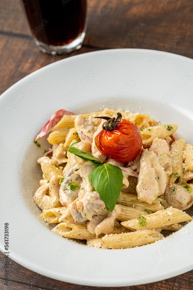 Penne arrabiata pasta with chicken on a white porcelain plate