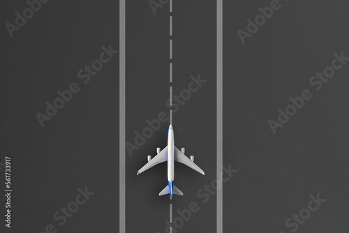 overhead view of the airplane on a take off line in airport