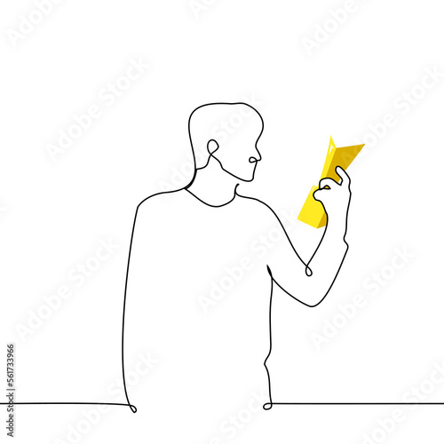 man stands admiring the trophy - golden figurine - one line drawing vector. concept joy of victory, triumph
