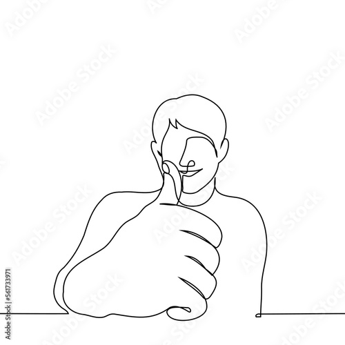 man smiling thumbs up at the viewer - one line drawing vector. concept approval, ok gesture