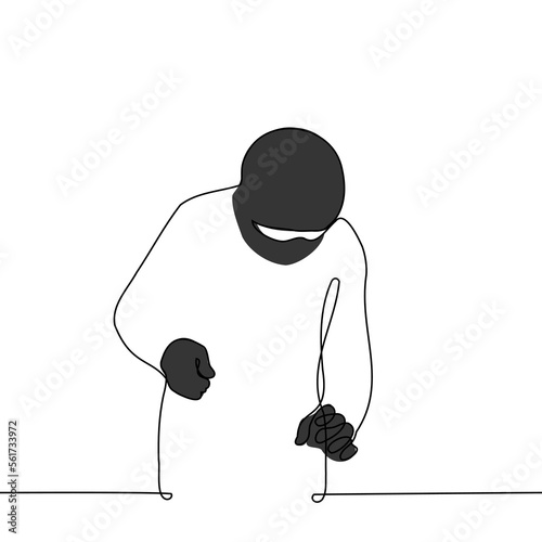 person in balaclava and black gloves sneaks up with outstretched hand to take something - one line drawing vector. thief in a robbery