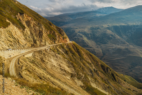Winding road in the Dagestan Mountains with big mountain formation