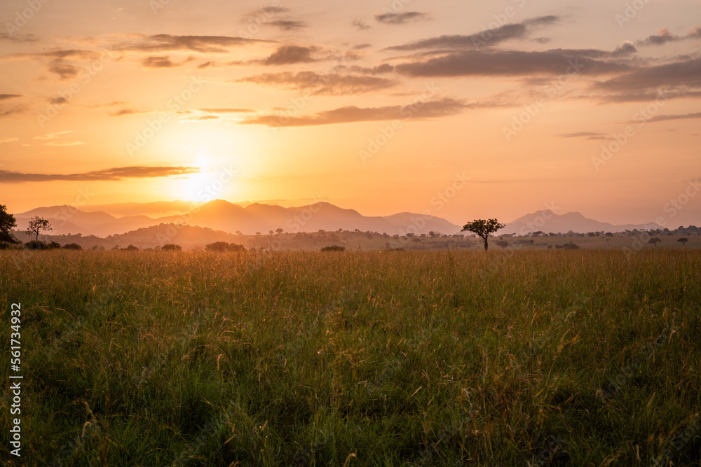 Sunset behind mountains in Kidepo National Park, Karamoja Uganda