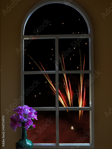 Beautiful colorful firewotks an starlight on black night background photo