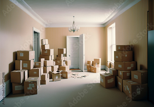 Moving in. Stack of cardboard boxes in the empty room with copy space. Created with Generative AI technology. © Juan