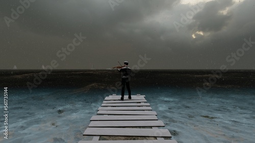 person playing violing with sea background