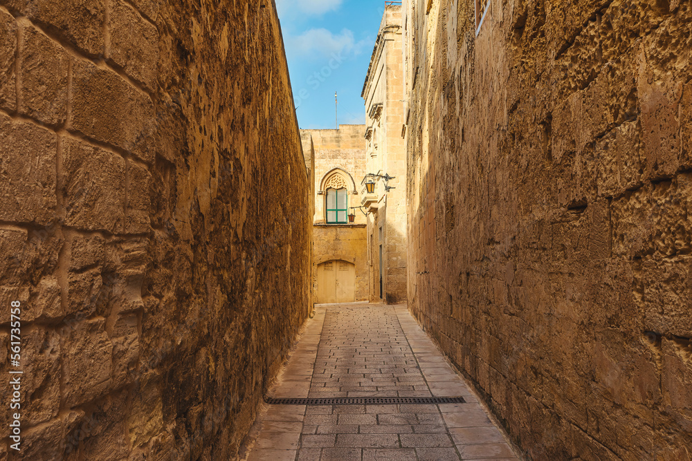 Ancient narrow medieval cobblestone street in town Mdina, Malta with nobody in sunny day. Travel destination