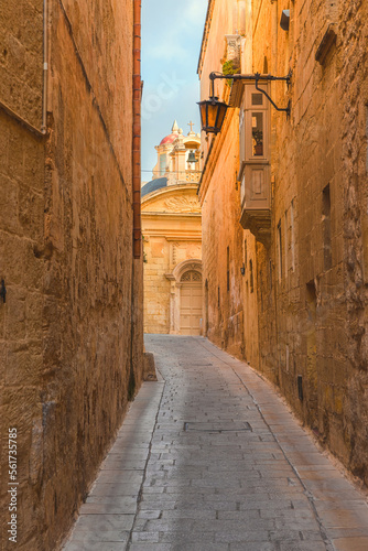 Old medieval narrow empty street with street lights in Mdina town  Malta. Vertical orientation. Travel destination