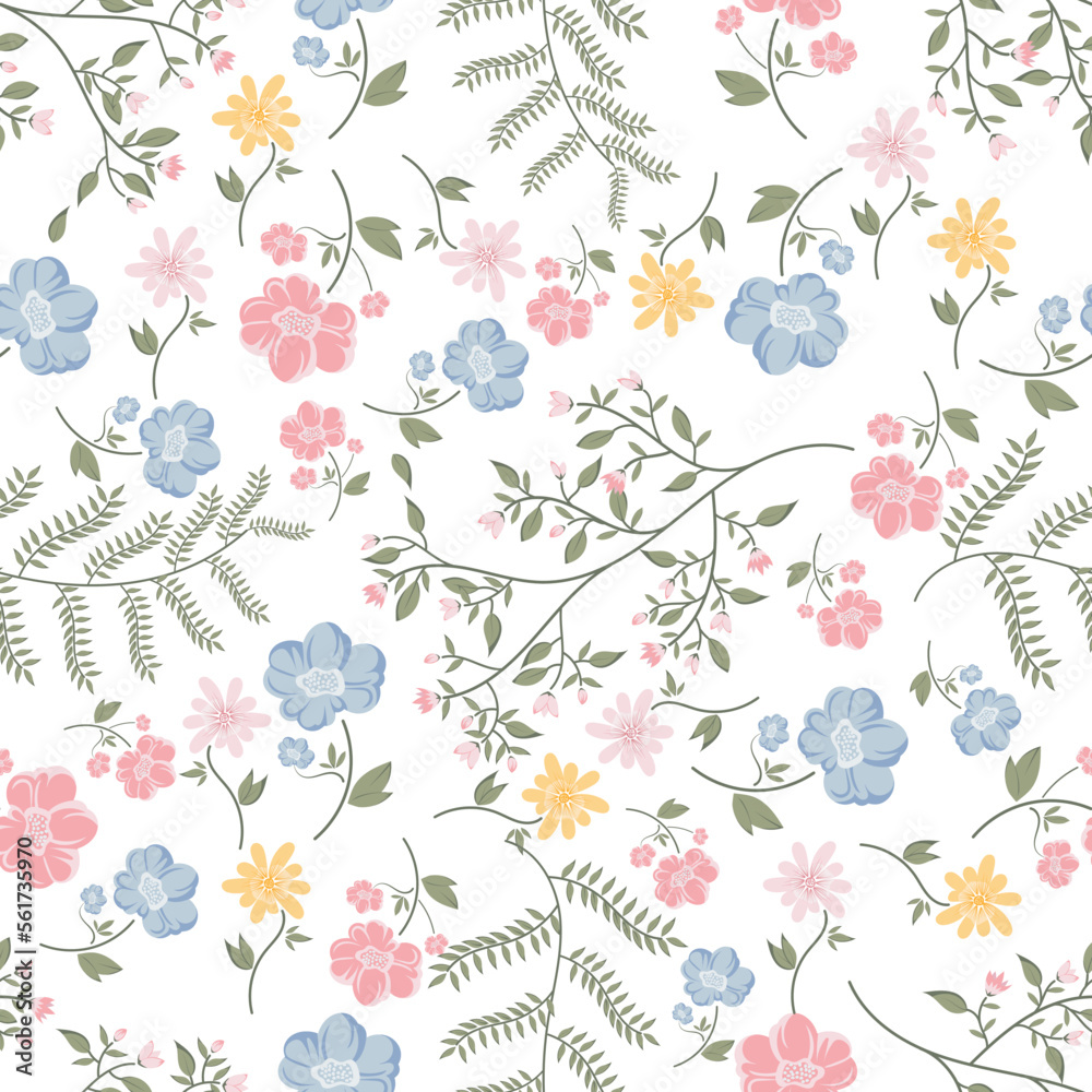 Fototapeta premium Seamless cute colorful floral vector pattern on white background