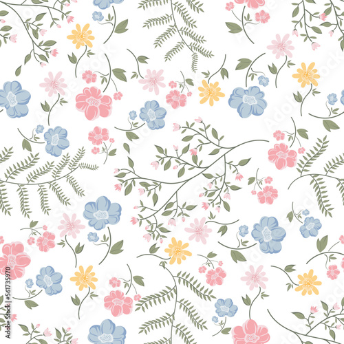 Seamless cute colorful floral vector pattern on white background
