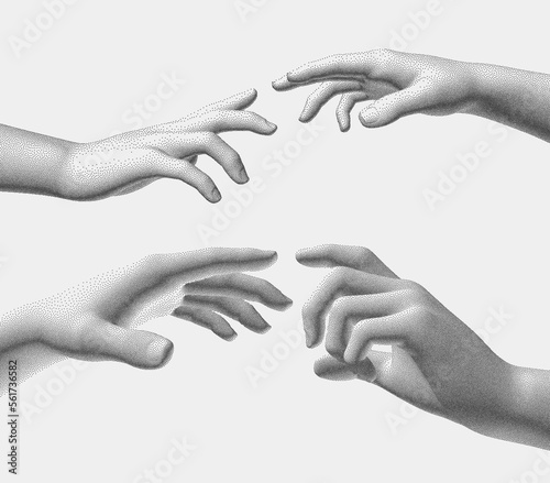 Hands reaching towards each other. Concept of human relation, togetherness or  partnership. 3D vector illustration. Design for banner, flyer, poster, cover or brochure.