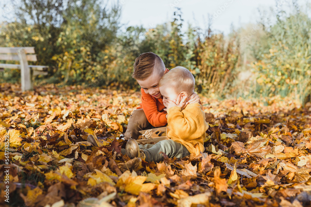 Smiling boy embracing brother holding toy airplane on autumn leaves Smiling boy embracing brother holding toy airplane on autumn leaves