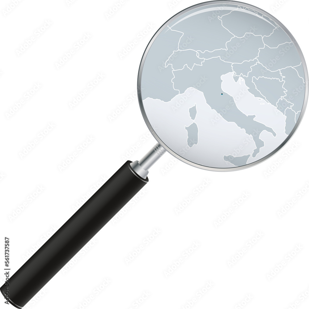 San Marino map with flag in magnifying glass. San Marino map with flag in magnifying glass.