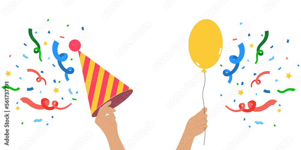 Obraz premium A party hat and a balloon in hands with a festive confetti around it. Illustration on transparent background