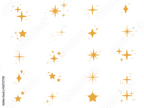 Collection of different stars and sparkles isolated on dark background. Illustration on transparent background