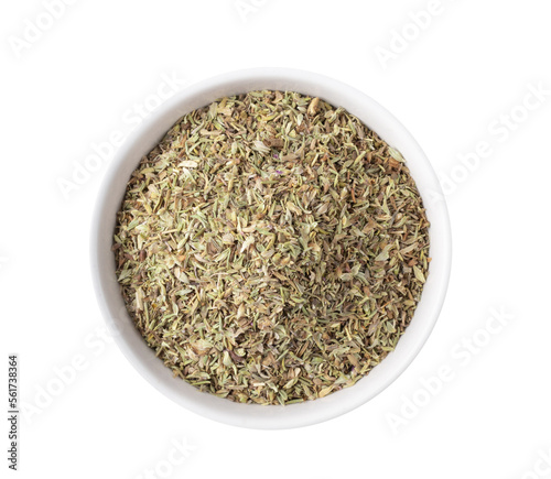 dry thyme leaves in white bowl isolated on transparent png