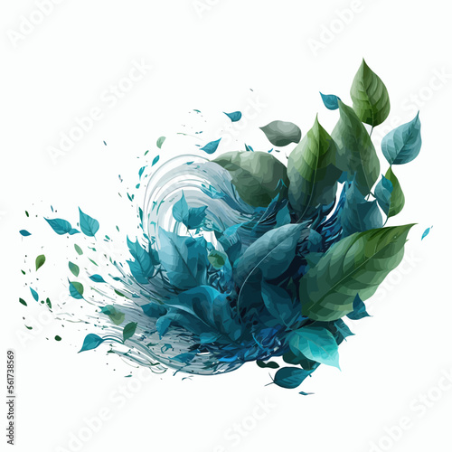 Blue wind flows, air swirls and waves with flying green leaves. Isolated on background. Cartoon vector illustration