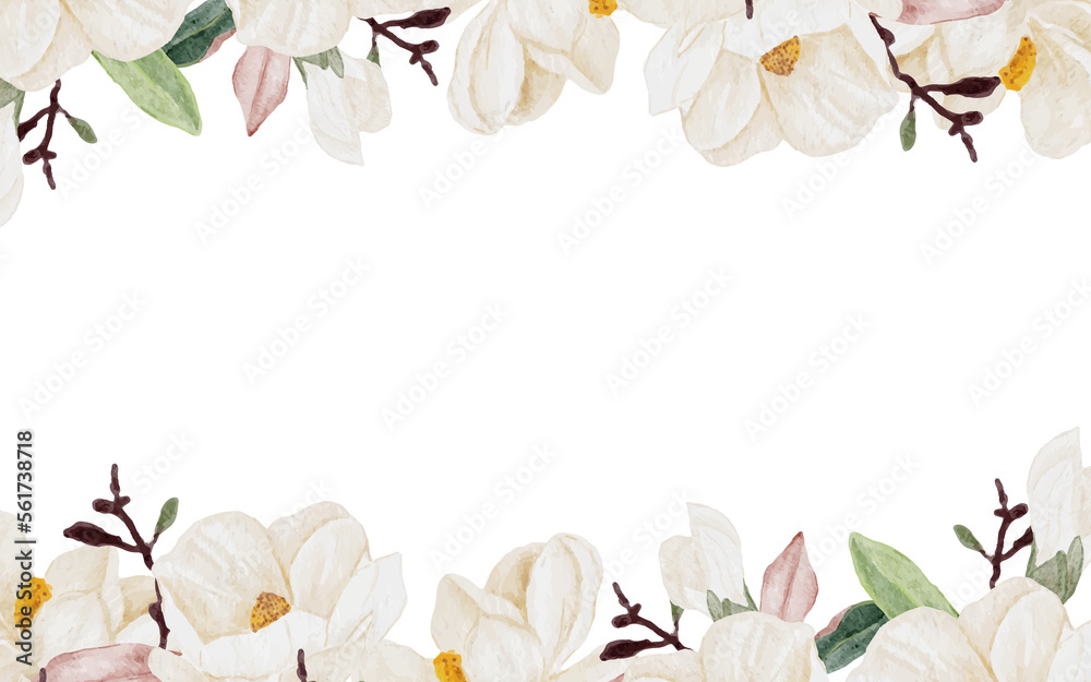 Fototapeta premium watercolor white magnolia flower and leaf bouquet clipart wreath frame