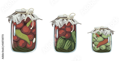 composition with preparations for the winter. vintage jars with canned vegetables, cucumbers, green tomatoes, red tomatoes. vector illustration