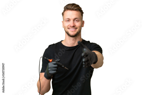 Tattoo artist caucasian man over isolated background shaking hands for closing a good deal