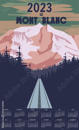 Monthly calendar 2023 year Mont Blanc Alps ski resort poster, retro. Mont Blanc Winter travel card
