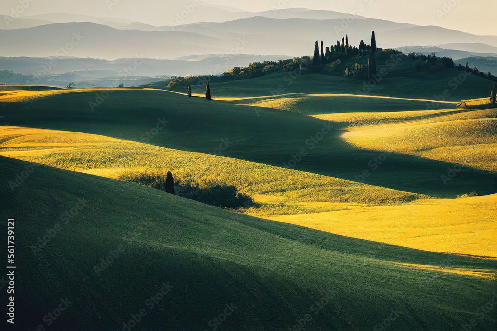 Beautiful tuscan hills and fields in afternoon sunlight (Generative AI)