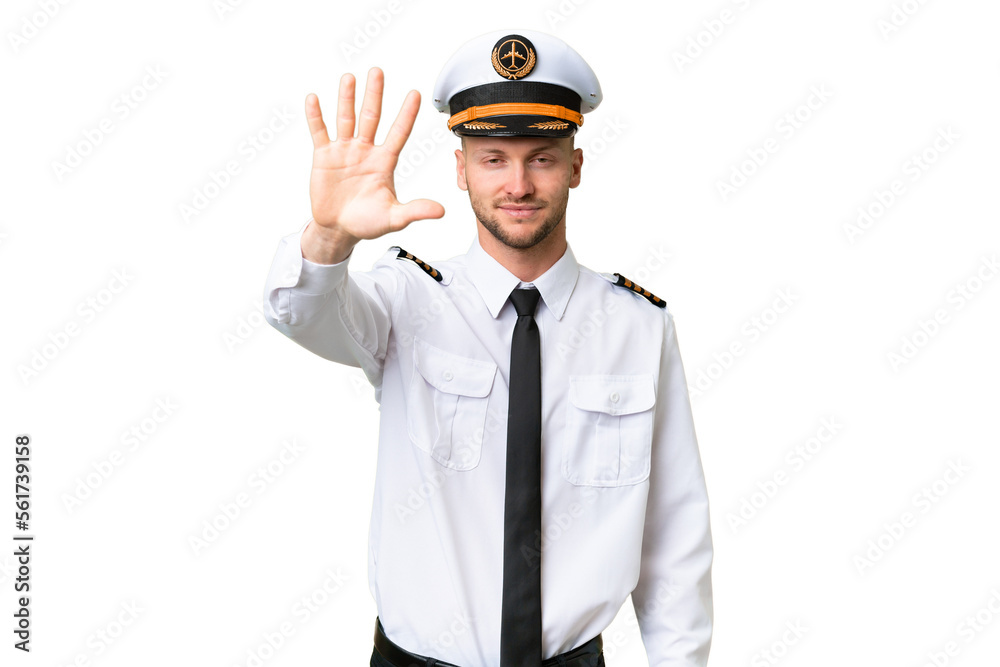 Airplane pilot man over isolated background counting five with fingers