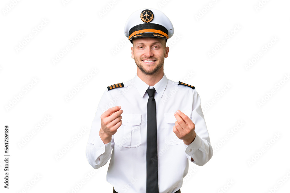 Airplane pilot man over isolated background making money gesture Airplane pilot man over isolated background making money gesture