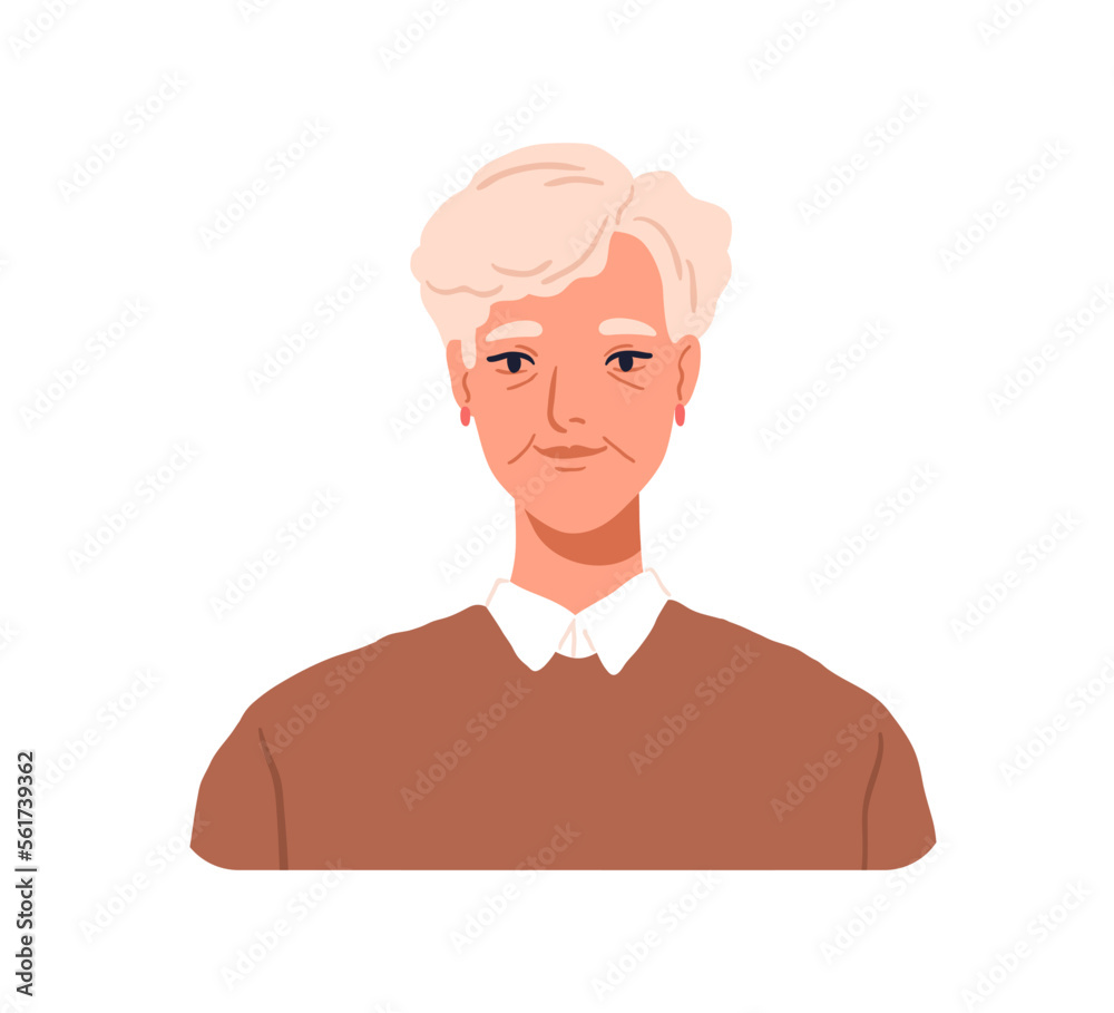 Senior woman, face portrait. Pretty old aged female character. Beautiful elegant elderly lady. Modern stylish gray-haired office worker avatar. Flat vector illustration isolated on white background