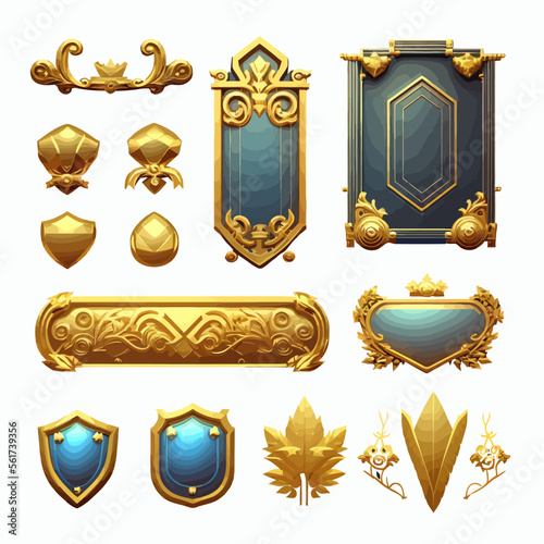 Gold game ui frames, medieval menu elements, buttons or banners with golden ornament. Isolated on background. Cartoon vector illustration