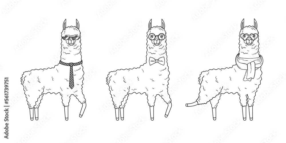 Fototapeta premium A collection of cute llamas with accessories - glasses, scarf and ties. Illustration on transparent background