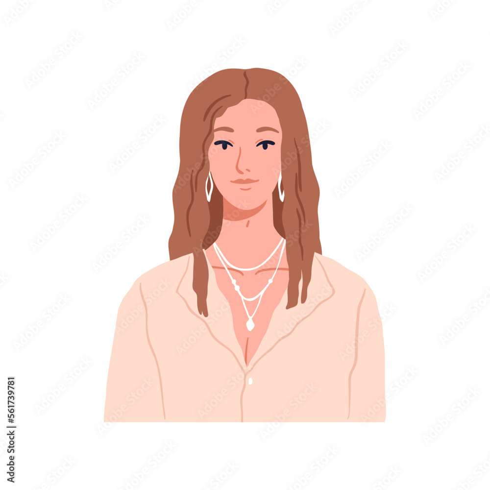Elegant beautiful young woman, face head portrait. Pretty girl with jewelry, earrings, necklace. Attractive female character in blouse, jewellery. Flat vector illustration isolated on white background Elegant beautiful young woman, face head portrait. Pretty girl with jewelry, earrings, necklace. Attractive female character in blouse, jewellery. Flat vector illustration isolated on white background