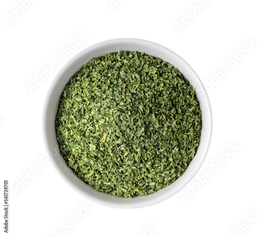 Dried parsley in a white bowl on transparent png