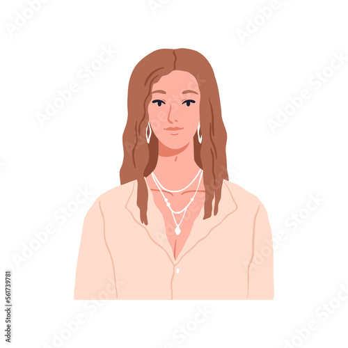 Elegant beautiful young woman, face head portrait. Pretty girl with jewelry, earrings, necklace. Attractive female character in blouse, jewellery. Flat vector illustration isolated on white background