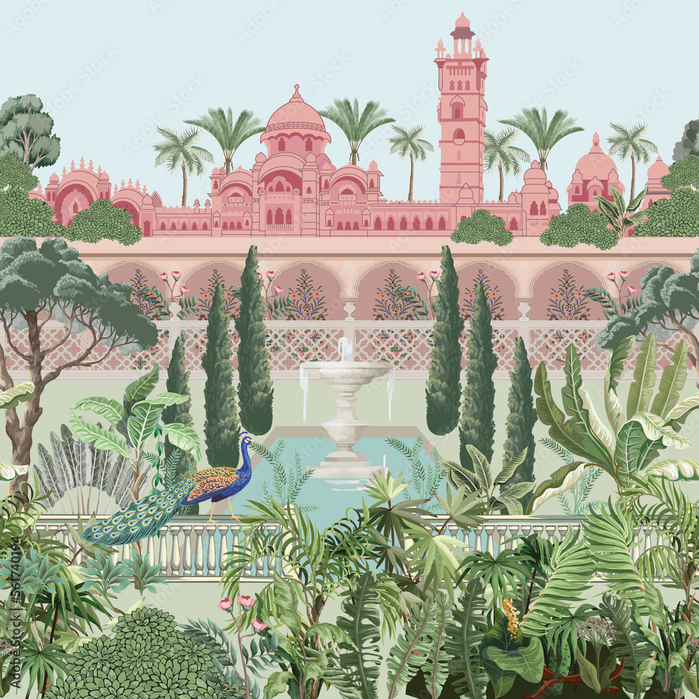 Mughal Garden, peacock, plants. tree, palace, fence illustration pattern - obrazy, fototapety, plakaty 