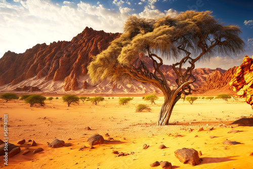 Fototapet Lonely tree in desert in arid desert against backdrop of mountains