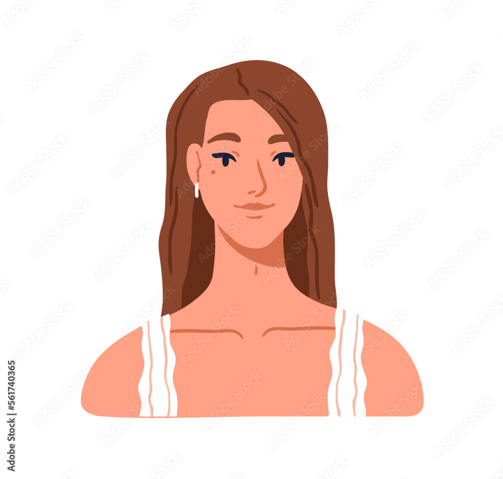Young beautiful woman, face head portrait. Attractive pretty stunning girl smiling. Modern graceful elegant charming female character, beauty. Flat vector illustration isolated on white background Young beautiful woman, face head portrait. Attractive pretty stunning girl smiling. Modern graceful elegant charming female character, beauty. Flat vector illustration isolated on white background