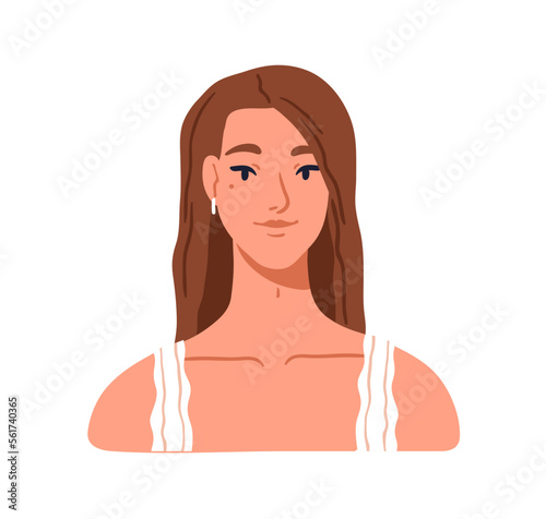 Young beautiful woman, face head portrait. Attractive pretty stunning girl sm...